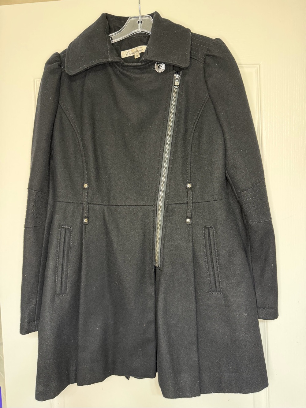 Kenneth Cole New York Black Wool Asymmetrical Moto Coat Sz 8 Zip Front